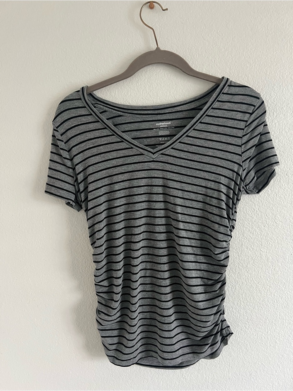 Motherhood Striped V-Neck Maternity Tee in Gray and Black